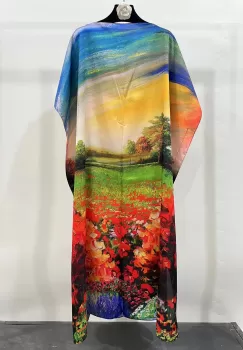 Rochie de plaja lunga tip poncho din matase cu pictura impresionista camp cu flori cu aspect de panza imagine