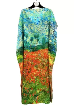 Rochie de plaja lunga tip poncho din matase cu pictura impresionista camp cu maci si pomi imagine