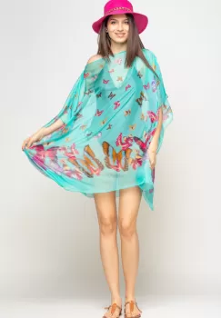 Rochie de plaja tip poncho cu fluturi pe fond turcoaz, vascoza si matase imagine