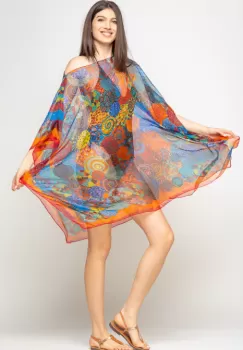 Rochie de plaja tip poncho cu mandale multicolore si margine rosie cu portocaliu, matase si vascoza imagine