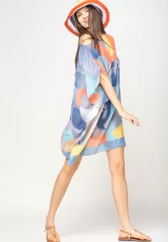 Rochie de plaja tip poncho cu model abstract in nuante de albastru jeans, portocaliu si gri , vascoza imagine