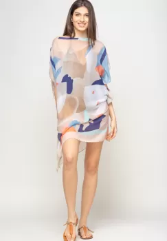 Rochie de plaja tip poncho cu model abstract in nuante de bej, alb si albastru, vascoza imagine