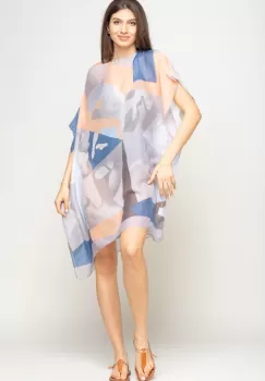 Rochie de plaja tip poncho cu model abstract in nuante de gri, albastru si bleu , vascoza imagine