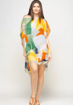 Rochie de plaja tip poncho cu model abstract in nuante de portocaliu, galben si verde, vascoza imagine