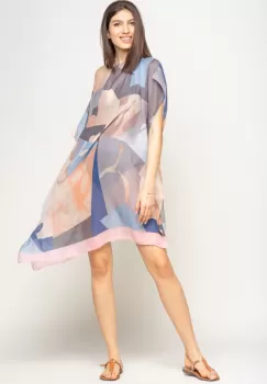 Rochie de plaja tip poncho cu model abstract in nuante de roz, albastru si gri, vascoza imagine