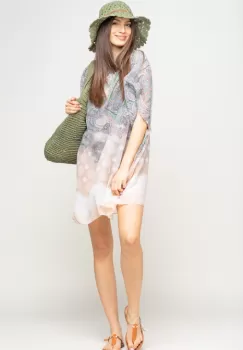 Rochie de plaja tip poncho cu motive florale si buline bej, vascoza imagine