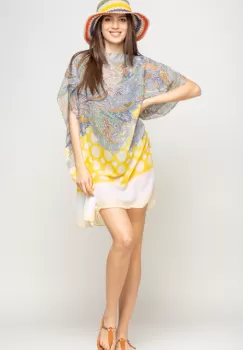 Rochie de plaja tip poncho cu motive florale si buline galbene, vascoza imagine