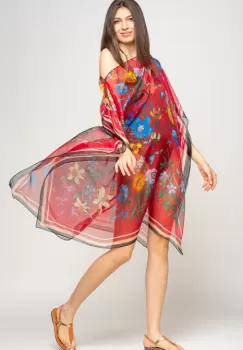 Rochie de plaja tip poncho de plaja cu flori si fluturi pe fond rosu, matase si vascoza imagine