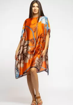 Rochie de plaja tip poncho din matase cu imprimeu abstract pe fond portocaliu imagine