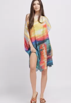 Rochie de plaja tip poncho din matase cu imprimeu apus de soare pe apa imagine