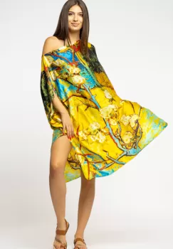 Rochie de plaja tip poncho din matase cu imprimeu inspirat din pictura moderna cu galben si albastru imagine