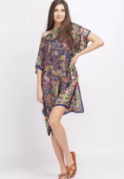 Rochie de plaja tip poncho din matase cu imprimeu paisley pe fond bleumarin imagine