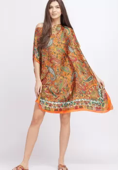 Rochie de plaja tip poncho din matase cu imprimeu paisley pe fond portocaliu imagine