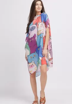 Rochie de plaja tip poncho din matase cu imprimeu pisici multicolore imagine