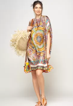 Rochie de plaja tip poncho din matase cu mandala centrala in chenar bej si caramiziu imagine