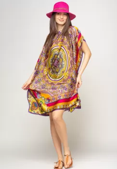 Rochie de plaja tip poncho din matase cu mandala centrala in chenar fucsia si mov imagine