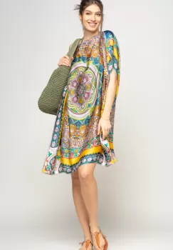 Rochie de plaja tip poncho din matase cu mandala centrala in chenar galben si gri imagine