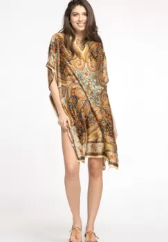 Rochie de plaja tip poncho din matase cu motive orientale pe fond bej imagine