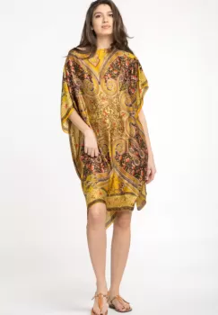 Rochie de plaja tip poncho din matase cu motive orientale pe fond galben auriu imagine