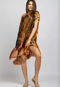 Rochie de plaja tip poncho din matase cu Pomul Vietii pe fond portocaliu imagine