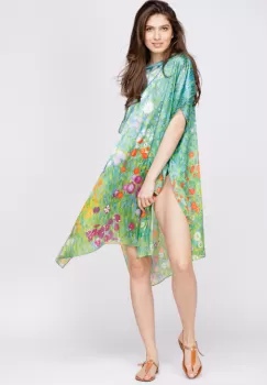 Rochie de plaja tip poncho din matase cu reproducere dupa Camp cu maci de Claude Monet imagine