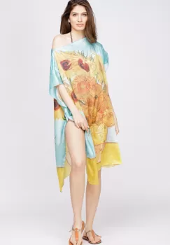 Rochie de plaja tip poncho din matase cu reproducere dupa Floarea Soarelui de Van Gogh imagine