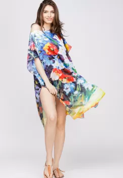 Rochie de plaja tip poncho din matase cu reproducere dupa o pictura cu maci imagine