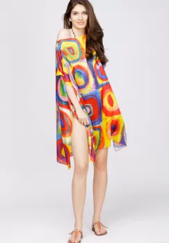 Rochie de plaja tip poncho din matase cu reproducere dupa pictura moderna a lui Kandinsky imagine
