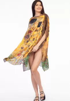Rochie de plaja tip poncho din matase cu reproducere dupa Sarutul de Gustav Klimt imagine