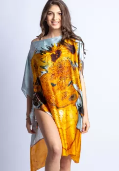 Rochie de plaja tip poncho din matase cu stilizare Floarea Soarelui pe fond gri imagine