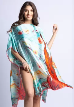 Rochie de plaja tip poncho din matase cu stilizare Noaptea Instelata pe fond aqua imagine