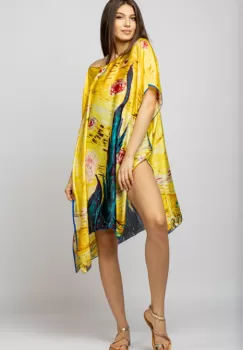 Rochie de plaja tip poncho din matase cu stilizare Noaptea Instelata pe fond galben imagine