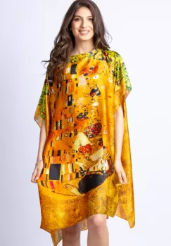 Rochie de plaja tip poncho din matase cu stilizare Sarutul pe fond galben imagine