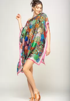 Rochie de plaja tip poncho din matase imprimat cu mandale multicolore cu roz si alb pe margine imagine