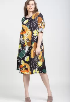 Rochie din bumbac cu imprimeu abstract pe fond negru imagine