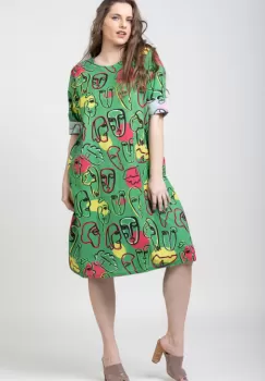 Rochie din bumbac cu imprimeu chipuri pe fond verde imagine