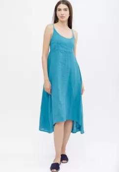 Rochie din in, cu bretele reglabile si elastic la spate, turcoaz imagine