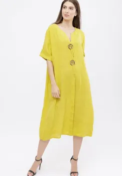 Rochie din in, cu doi nasturi decorativi pe piept, galbena imagine