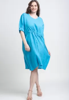 Rochie din in cu snur in talie, albastru azzuro imagine