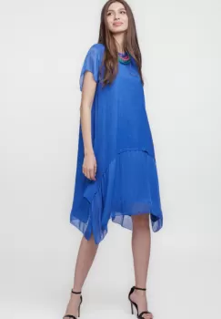 Rochie din in cu volan din matase naturala si colturi, albastru electric imagine