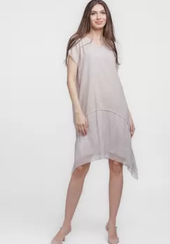 Rochie din in cu volan din matase naturala si colturi, bej imagine