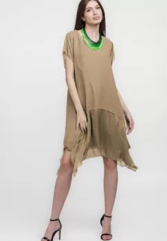 Rochie din in cu volan din matase naturala si colturi, camel imagine