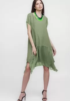 Rochie din in cu volan din matase naturala si colturi, kaki imagine