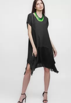 Rochie din in cu volan din matase naturala si colturi, neagra imagine