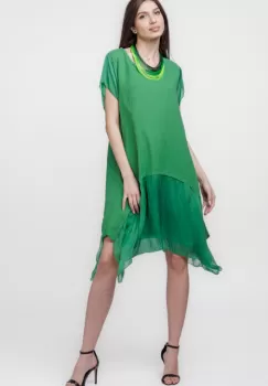 Rochie din in cu volan din matase naturala si colturi, verde imagine