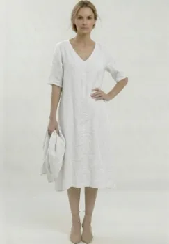 Rochie din in midi, croi lejer, decolteu in V, stil relaxat elegant, alba imagine