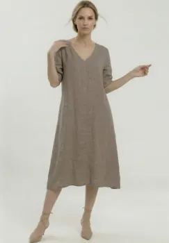 Rochie din in midi, croi lejer, decolteu in V, stil relaxat elegant, bej inchis imagine