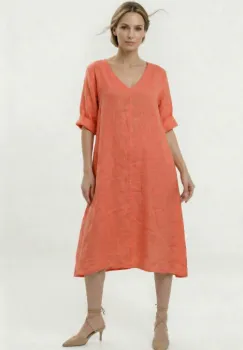 Rochie din in midi, croi lejer, decolteu in V, stil relaxat elegant, corai imagine