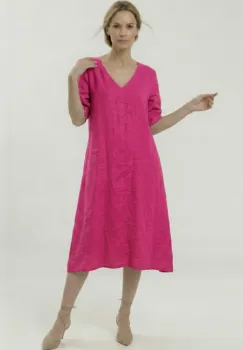 Rochie din in midi, croi lejer, decolteu in V, stil relaxat elegant, fucsia imagine