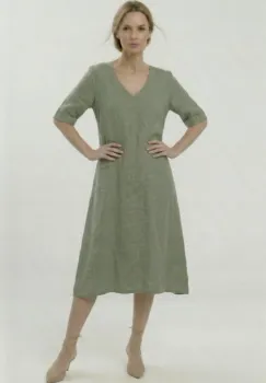 Rochie din in midi, croi lejer, decolteu in V, stil relaxat elegant, kaki imagine